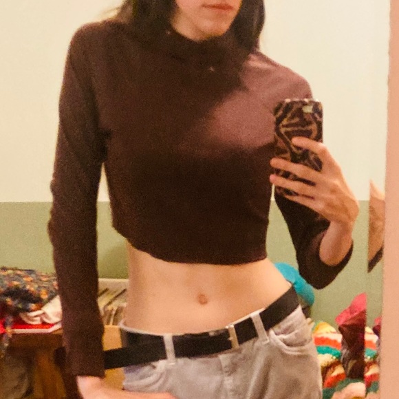 90s Y2K Brown Crop Turtleneck Top - Picture 3 of 3